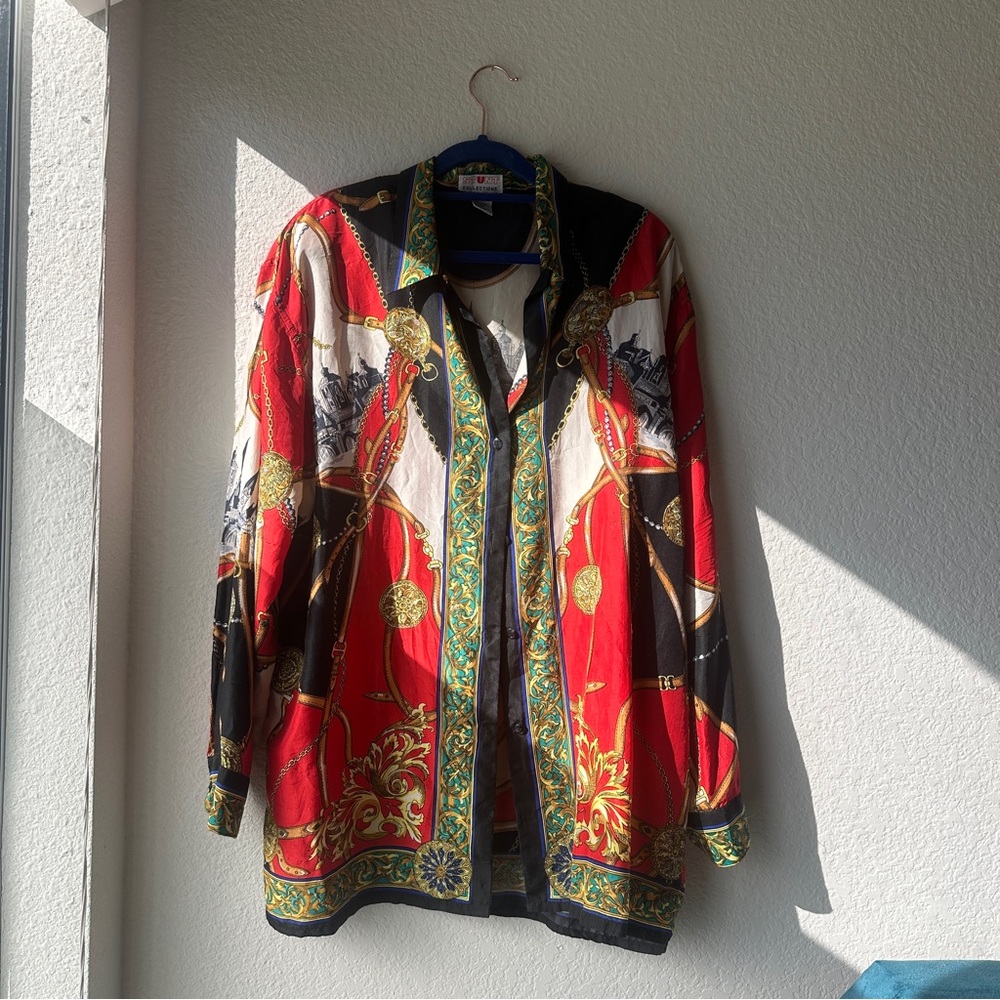 Vintage Silk Red and Black Button-Up Shirt